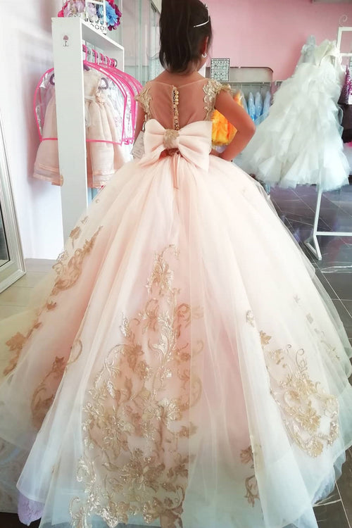 Princess A-line Champagne Flower Girl Dress with Gold Appliques
