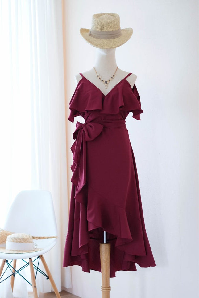 Elegant High-Low V-Neck Burgundy Homecoming Dress with Ribbon FancyVestido Elegant High-Low V-Neck Burgundy Homecoming Dress with Ribbon FancyVestido