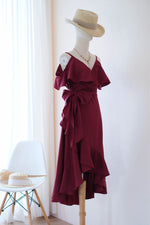 Elegant High-Low V-Neck Burgundy Homecoming Dress with Ribbon