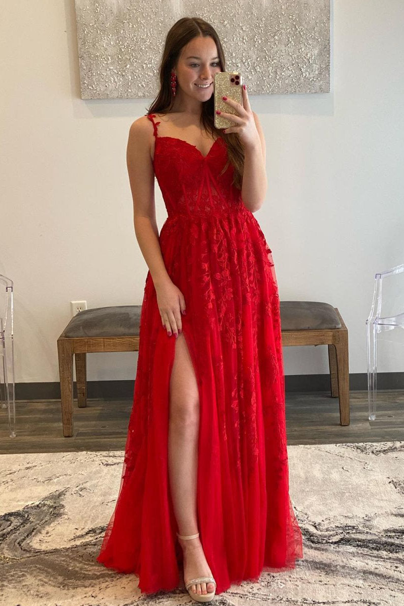 Elegant Red Appliqued Prom Dress with Sheer Lace Bodice – FancyVestido