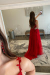 Elegant Red Appliqued Prom Dress with Sheer Lace Bodice