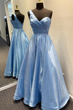 One Shoulder Sky Blue Long Prom Dress with Pleated Bodice