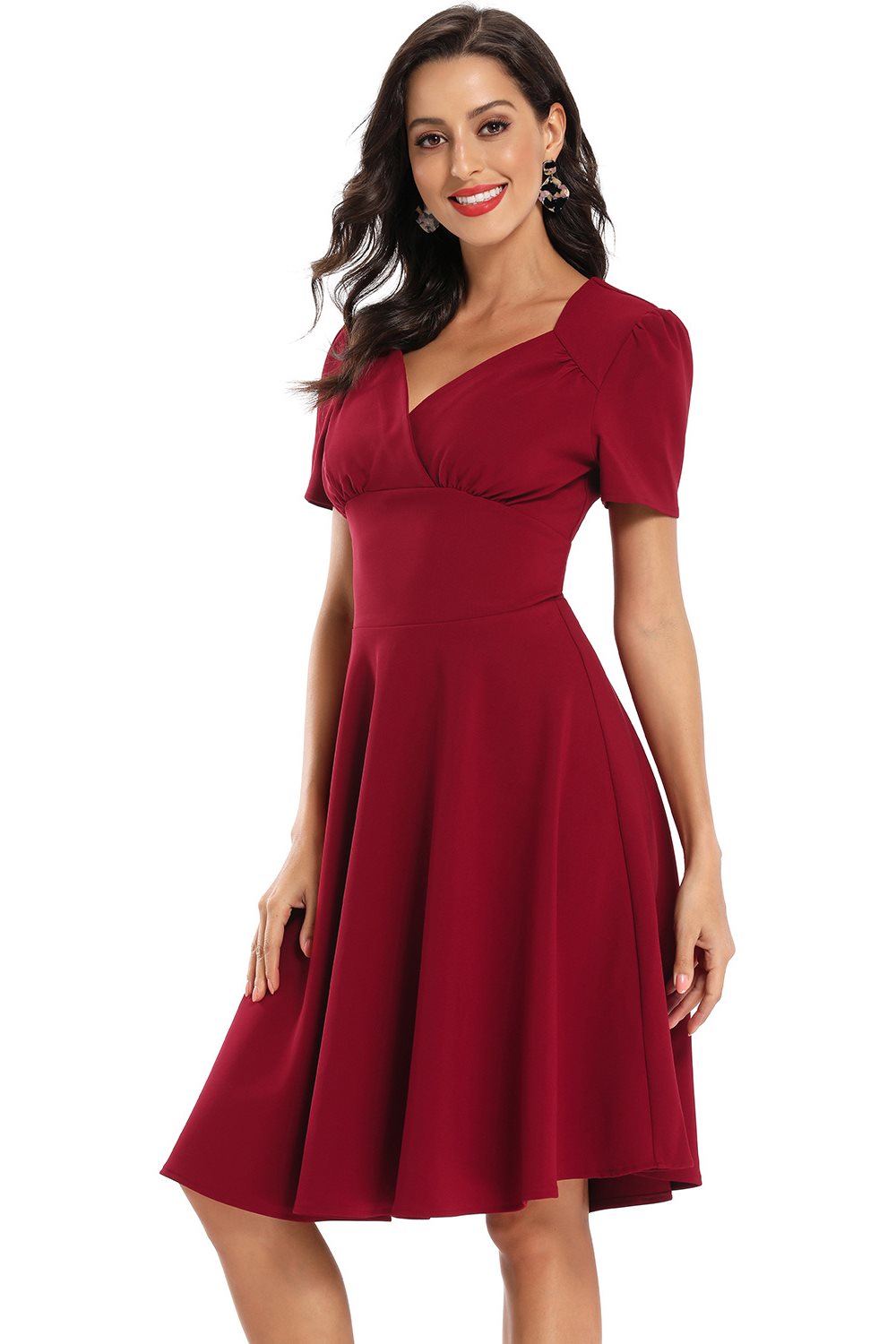 V-Neck Short Sleeves Burgundy Party Dress FancyVestido V-Neck Short Sleeves Burgundy Party Dress FancyVestido