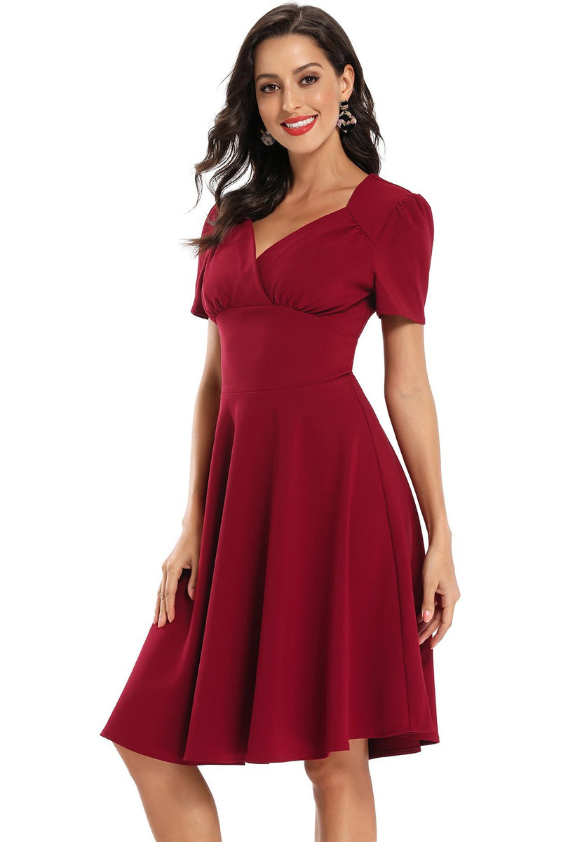 V-Neck Short Sleeves Burgundy Party Dress