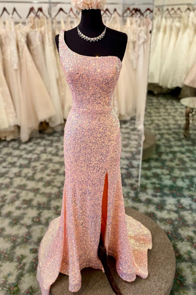 One Shoulder Pink High Slit Long Prom Dress