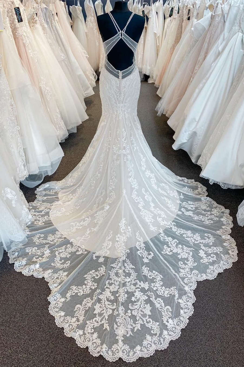 Straps Mermaid Lace White Long Wedding Dress