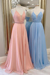Simple Pink Straps A-Line Long Prom Dress