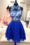 Halter Royal Blue Two Piece Floral Homecoming Dress