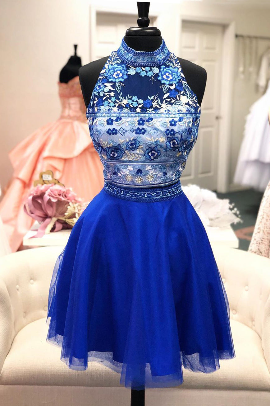 Halter Royal Blue Two Piece Floral Homecoming Dress FancyVestido Halter Royal Blue Two Piece Floral Homecoming Dress FancyVestido