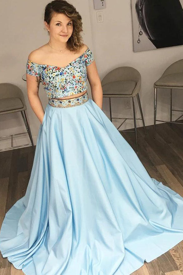 Two Piece Light Sky Blue Floral Embroidery Prom Dress