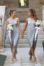 One Shoulder Asymmetrical Silver Bridesmaid Dress