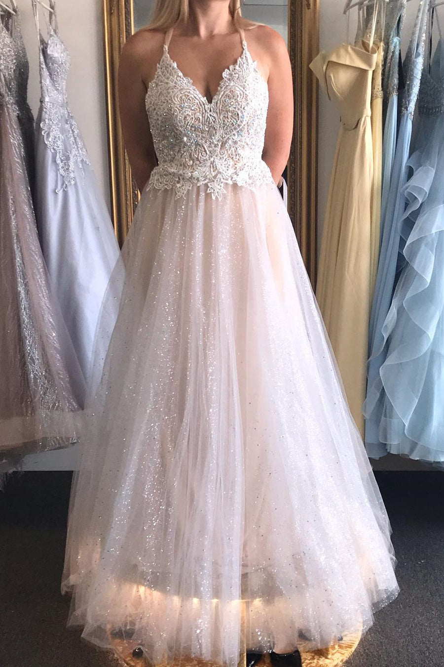 Glitter V-Neck Lace Top Prom Dress with Criss Back FancyVestido Glitter V-Neck Lace Top Prom Dress with Criss Back FancyVestido
