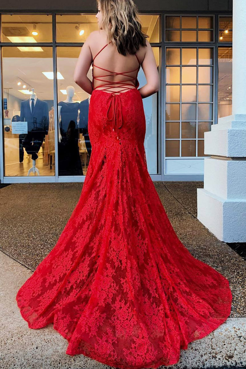 Spaghetti Straps Mermaid All Over lace Red Prom Dress
