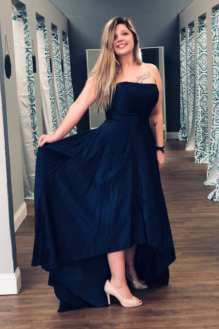 navy blue high low cocktail dress Strapless High Low Dark Navy Long Prom Dress – FancyVestido