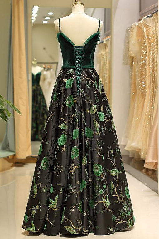 Embroidery Green Floral Long Prom Evening Dress