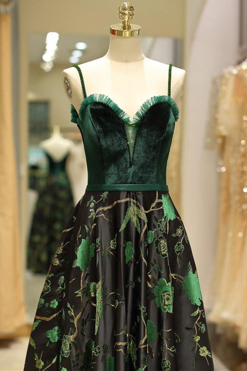 Emerald Green Velvet Bodice Floral Jacquard Evening Gown