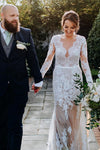 Long Sleeves V-Neck White Wedding Dress with Lace