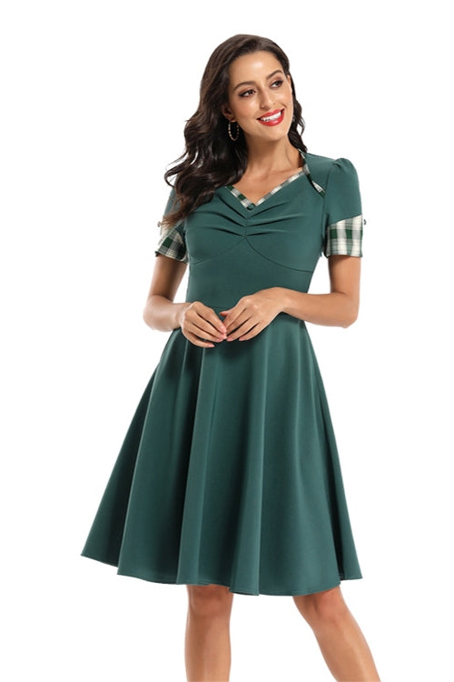 V-Neck Medium Length Teal Party Dress with Short Sleeves