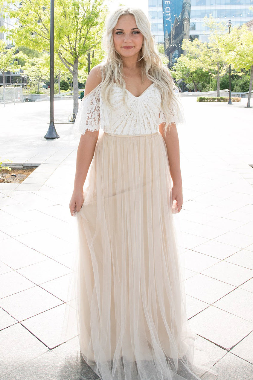 Long A-line Cold Sleeves White and Beige Wedding Dress – FancyVestido