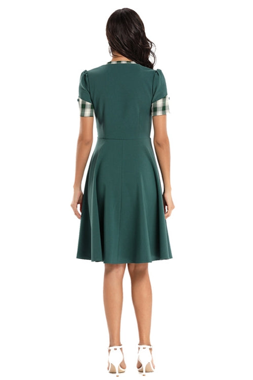 V-Neck Medium Length Teal Party Dress with Short Sleeves