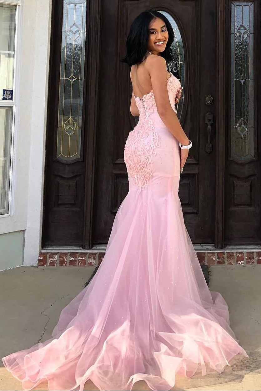Pink Sweetheart Strapless Mermaid Tulle Prom Dress FancyVestido Pink Sweetheart Strapless Mermaid Tulle Prom Dress FancyVestido