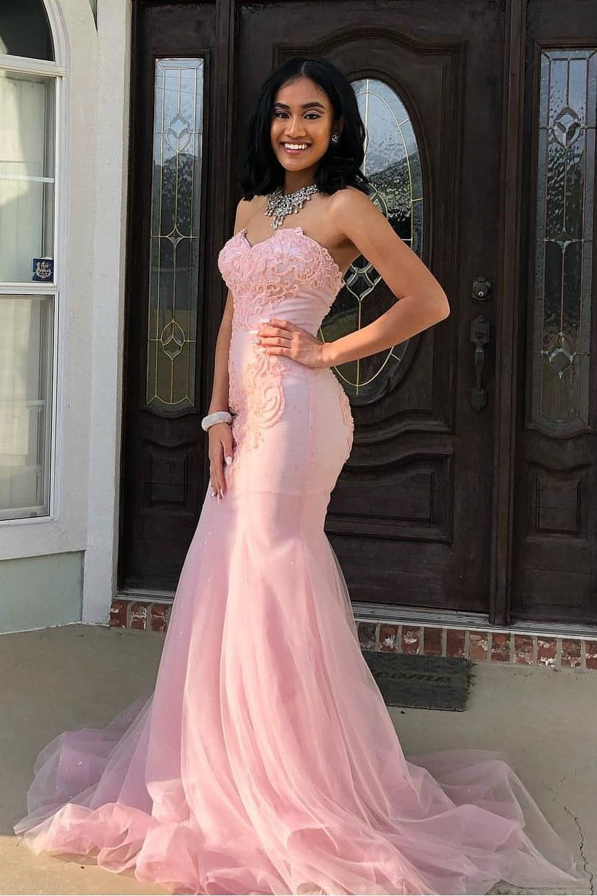 Pink Sweetheart Strapless Mermaid Tulle Prom Dress FancyVestido Pink Sweetheart Strapless Mermaid Tulle Prom Dress FancyVestido