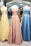 Spaghetti Straps A-Line Long Daffodil Prom dress with Criss Back