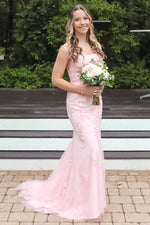 Pink Straps Mermaid Long Prom Dress with Appliques