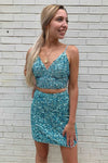 Two Piece Pool Blue Sequins Short Homecoming Dress