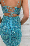 Two Piece Pool Blue Sequins Short Homecoming Dress
