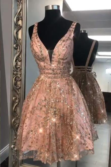 Sparkling Sequined Rose Gold Homecoming Dress FancyVestido Sparkling Sequined Rose Gold Homecoming Dress FancyVestido