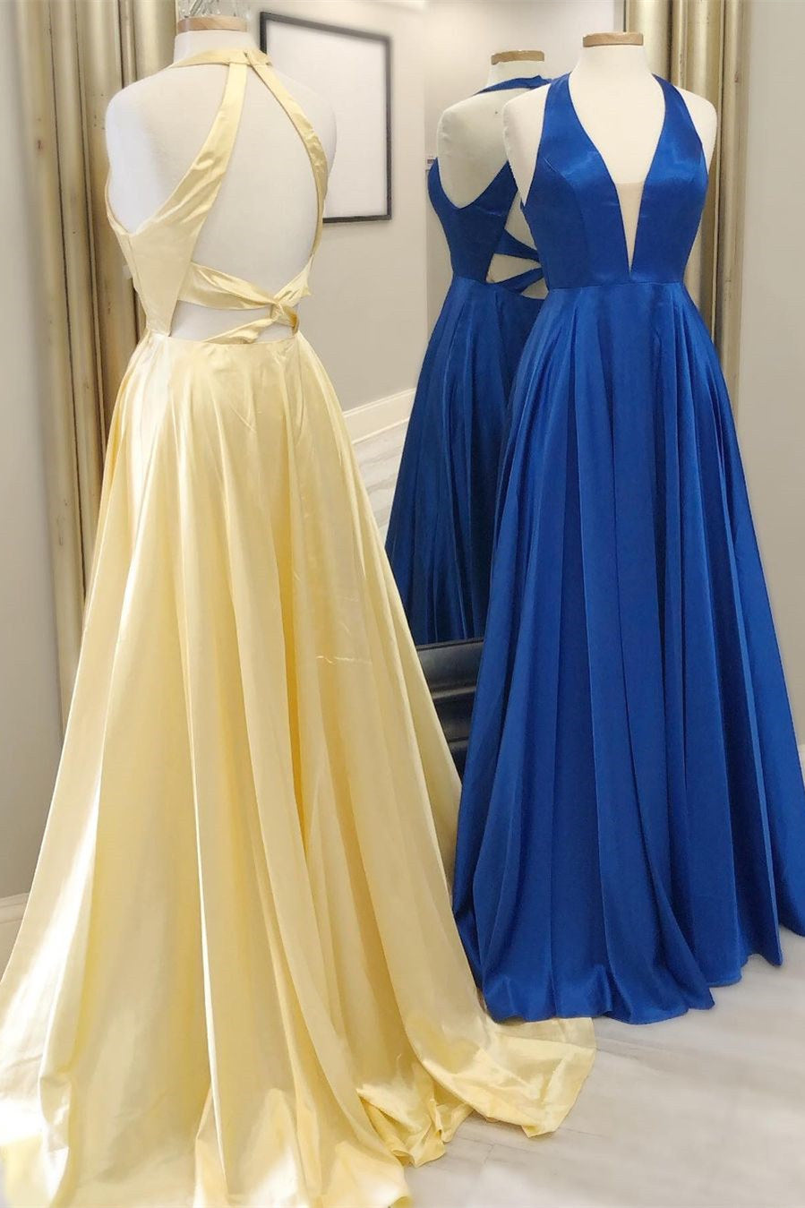 Halter Light Yellow A-Line Long Prom Dress  FancyVestido