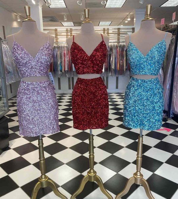 Two Piece Pool Blue Sequins Short Homecoming Dress