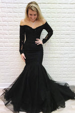 Mermaid Off Shoulder Long Sleeves Lace Black Prom Dress with Beading