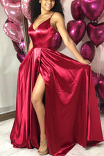 Simple V-Neck Red Long Prom Dress with Slit