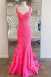 Mermaid Hot Pink Lace Long Prom Dress