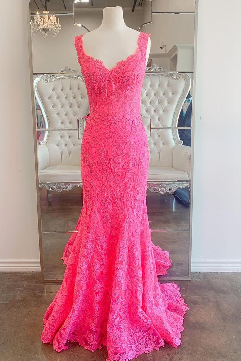 Mermaid Hot Pink Lace Long Prom Dress FancyVestido Mermaid Hot Pink Lace Long Prom Dress FancyVestido