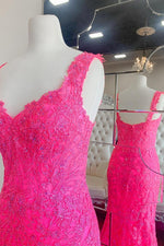 Mermaid Hot Pink Lace Long Prom Dress