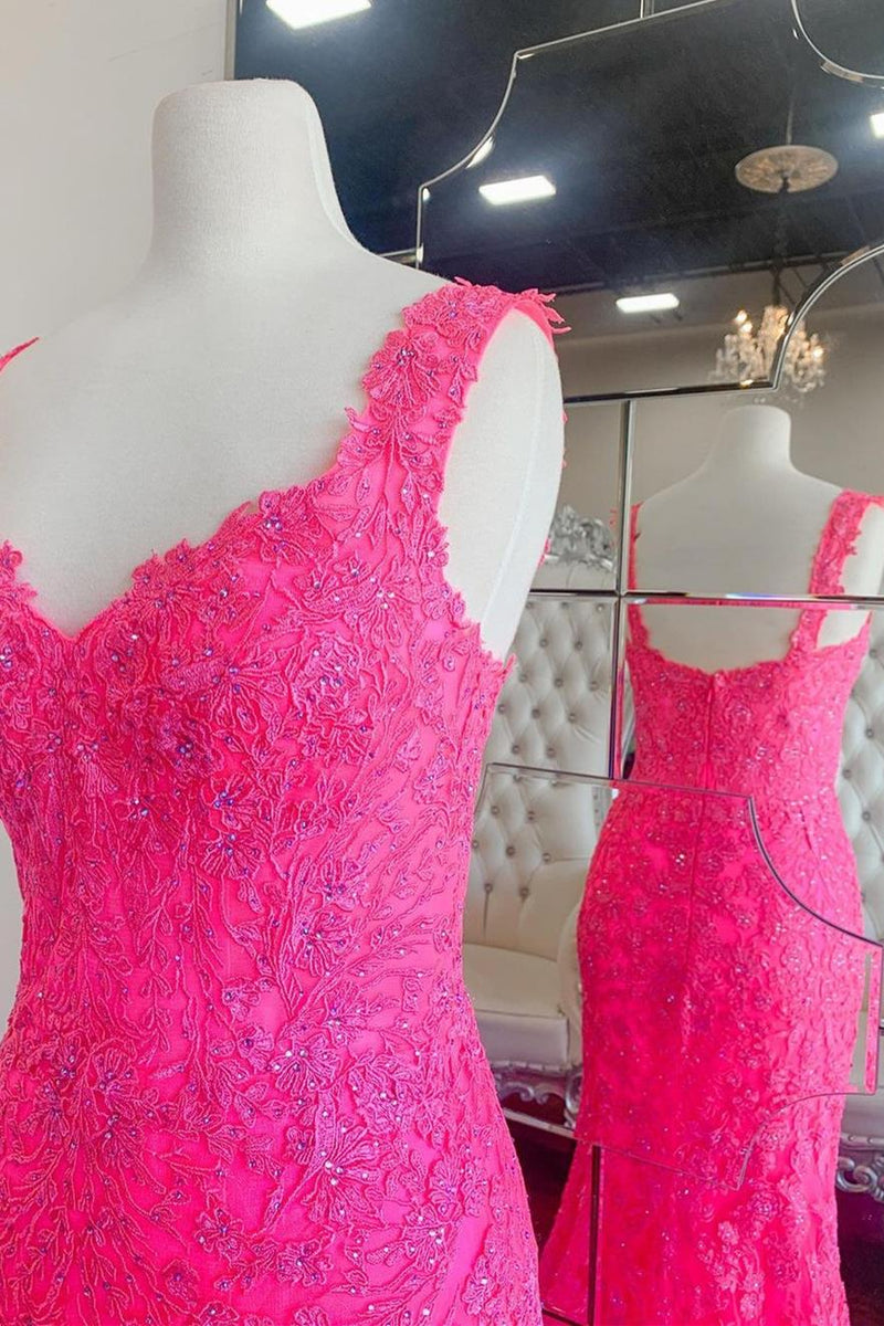 Mermaid Hot Pink Lace Long Prom Dress