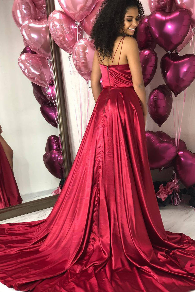 Simple V-Neck Red Long Prom Dress with Slit