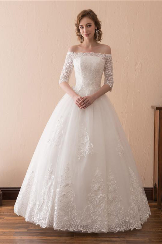 Long Lace-Up A-line Off Shoulder Ivory Bridal Dress with Appliques