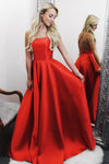 Backless Long Red Satin Prom Dress