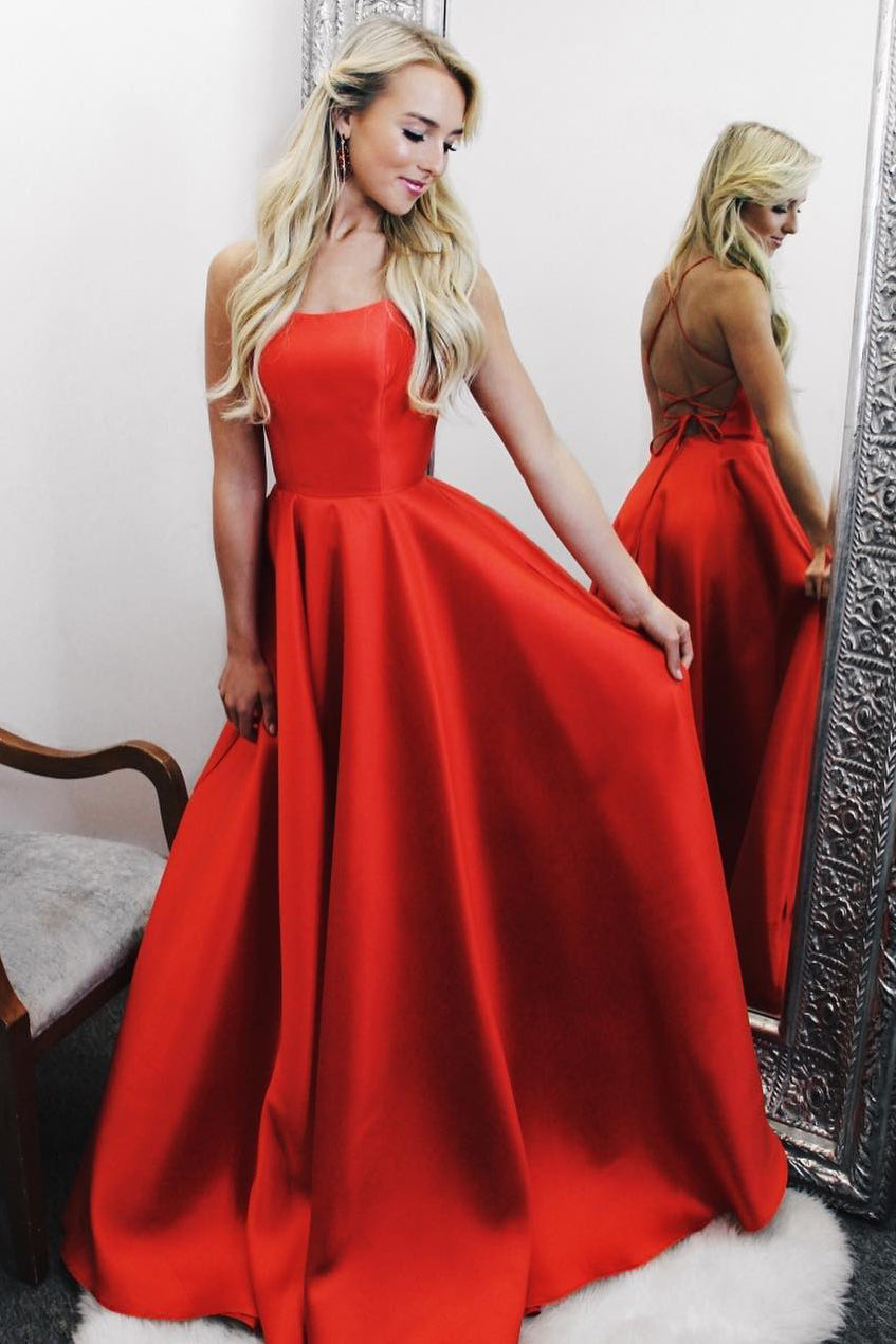 Elegant Red Satin Ballgown with Strappy Open Back Detail FancyVestido Elegant Red Satin Ballgown with Strappy Open Back Detail FancyVestido