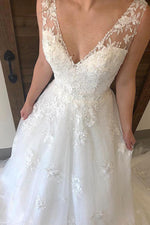 Ivory V-Neck Appliques Long Bridal Gown with Open Back