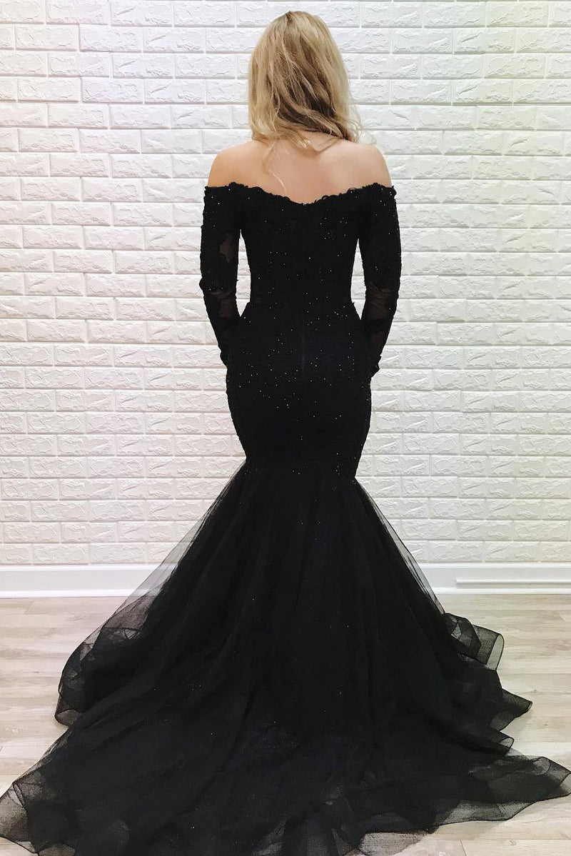 Mermaid Off Shoulder Long Sleeves Lace Black Prom Dress with Beading