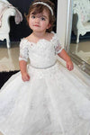 Half Sleeves Scalloped-Edge Flower Girl Dress with Lace