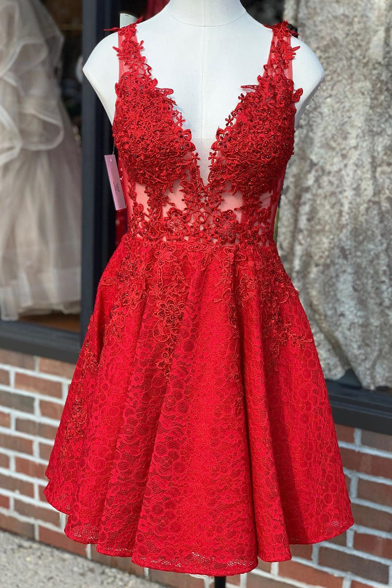 V-Neck Lace Red Homeocming Dress with Mesh