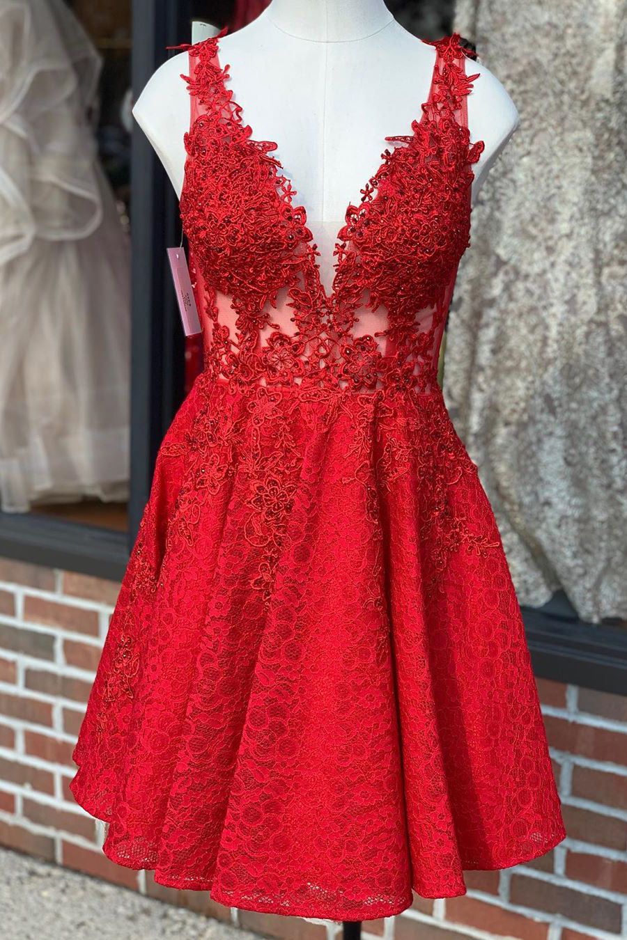 cocktail dress for homecoming A Line Spaghetti Straps V Neck Red Lace Long Prom Dress, Red Lace Form –  abcprom main image 0