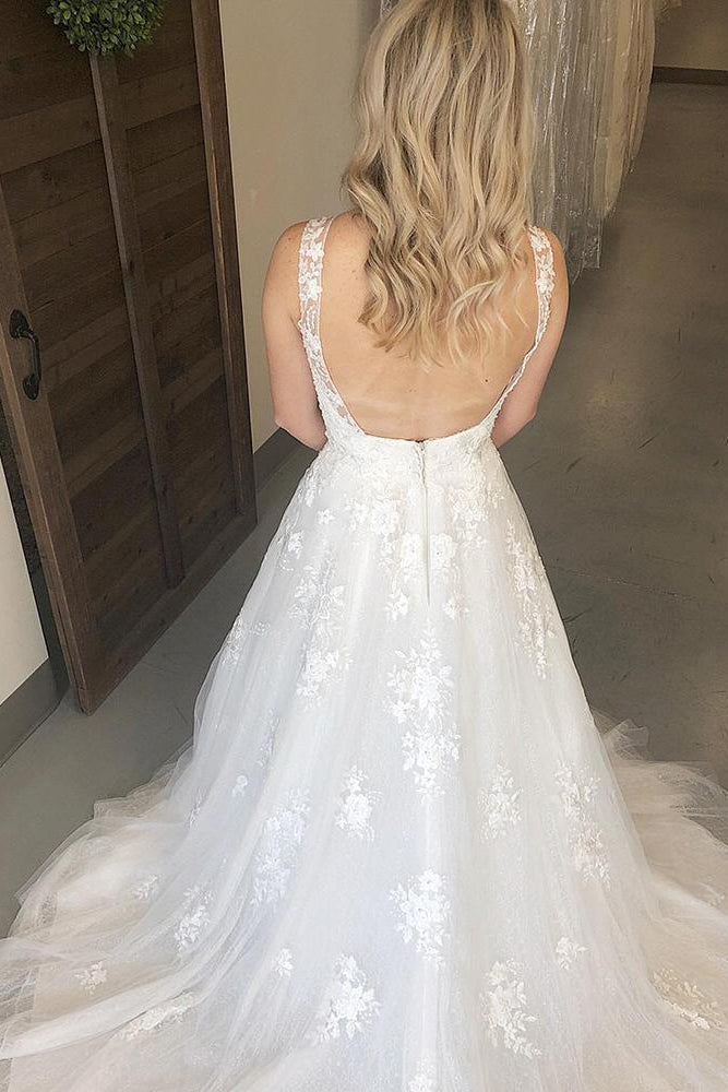 Ivory V-Neck Appliques Long Bridal Gown with Open Back