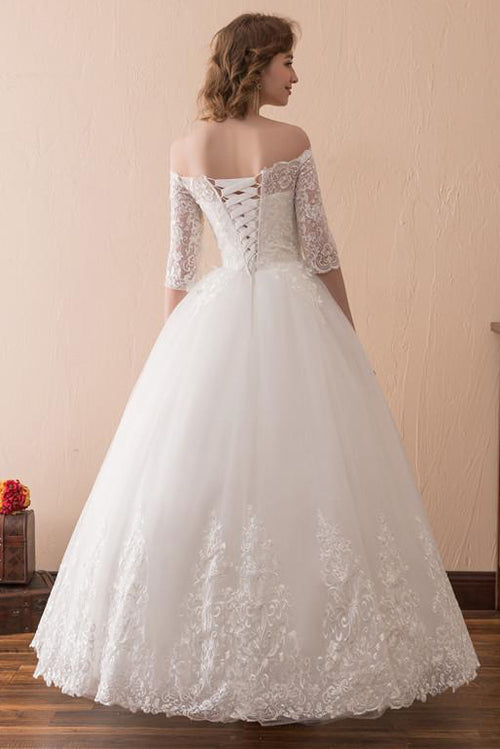 Long Lace-Up A-line Off Shoulder Ivory Bridal Dress with Appliques